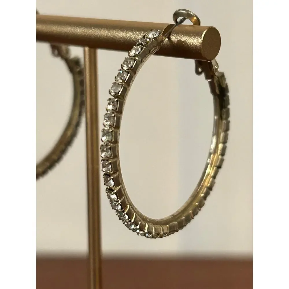 Gold Tone Rhinestone Sparkle Hoop Earrings 1.5 Inch NWOT